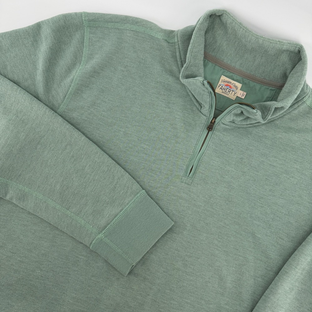 Faherty Quarter Zip Pullover Mens L Sage Green Heathered Mock Neck French Terry